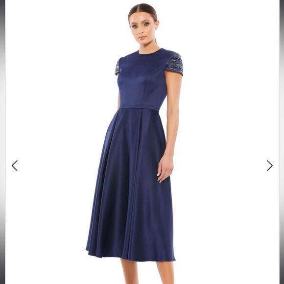 NWT Mac Duggal Women's Ieena High Neck Cap Sleeve Tea Length Dress sz 18 - Picture 1 of 10